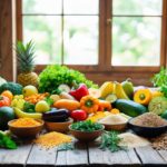 Uma colorida variedade de frutas, vegetais, grãos e ervas frescas dispostas em uma mesa rústica de madeira, com luz natural entrando por uma janela.