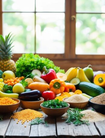 Uma colorida variedade de frutas, vegetais, grãos e ervas frescas dispostas em uma mesa rústica de madeira, com luz natural entrando por uma janela.
