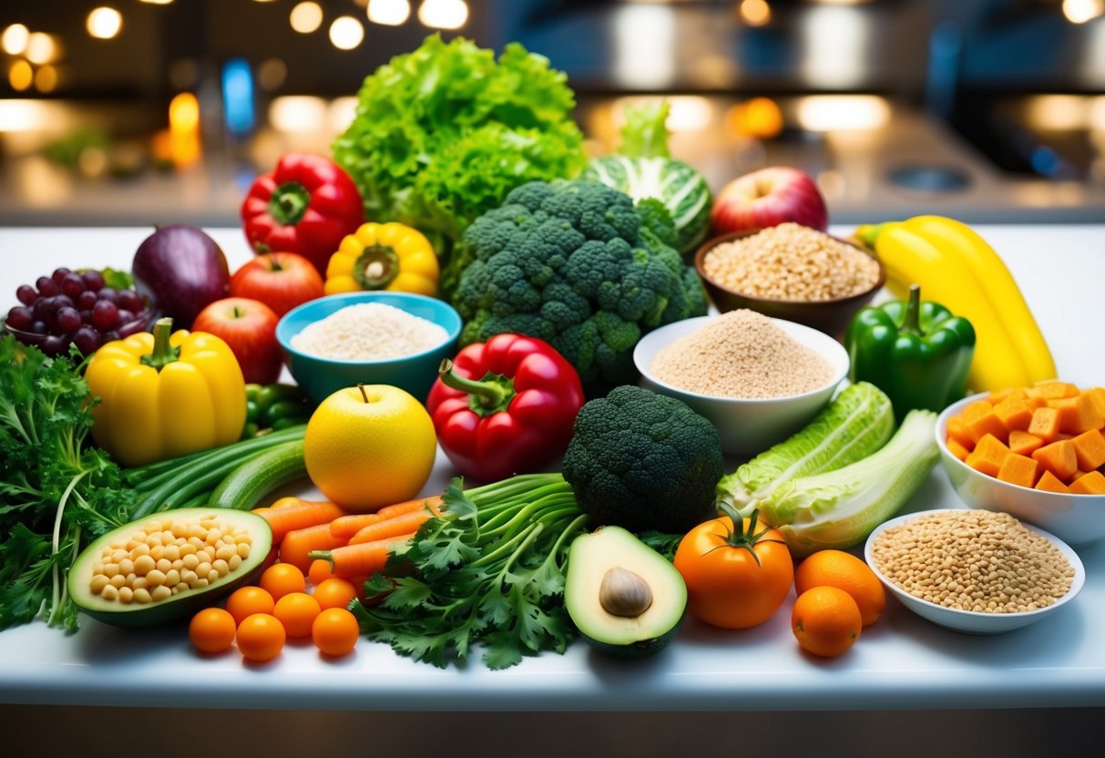 Uma variedade colorida de frutas, legumes, grãos e proteínas dispostos em uma mesa, representando os diferentes grupos alimentares e seus benefícios para uma dieta saudável.