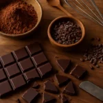 Mesa com chocolate caseiro, cacau em pó e utensílios de cozinha sob luz natural aconchegante. Como fazer chocolate com cacau.