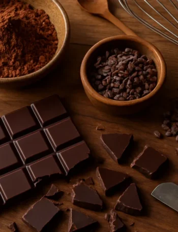 Mesa com chocolate caseiro, cacau em pó e utensílios de cozinha sob luz natural aconchegante. Como fazer chocolate com cacau.