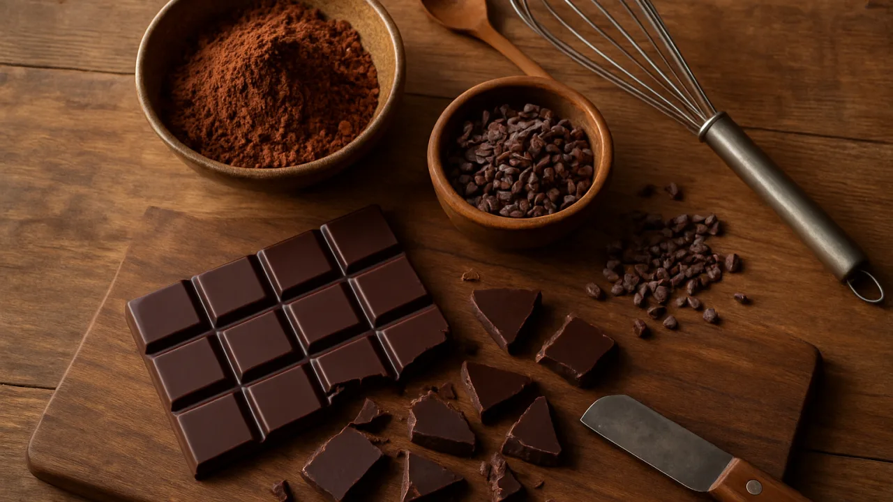 Mesa com chocolate caseiro, cacau em pó e utensílios de cozinha sob luz natural aconchegante. Como fazer chocolate com cacau.