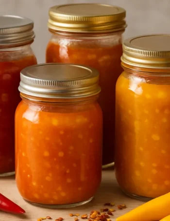 Como fazer o molho de pimenta: potes de vidro com molho caseiro em tons de vermelho e amarelo