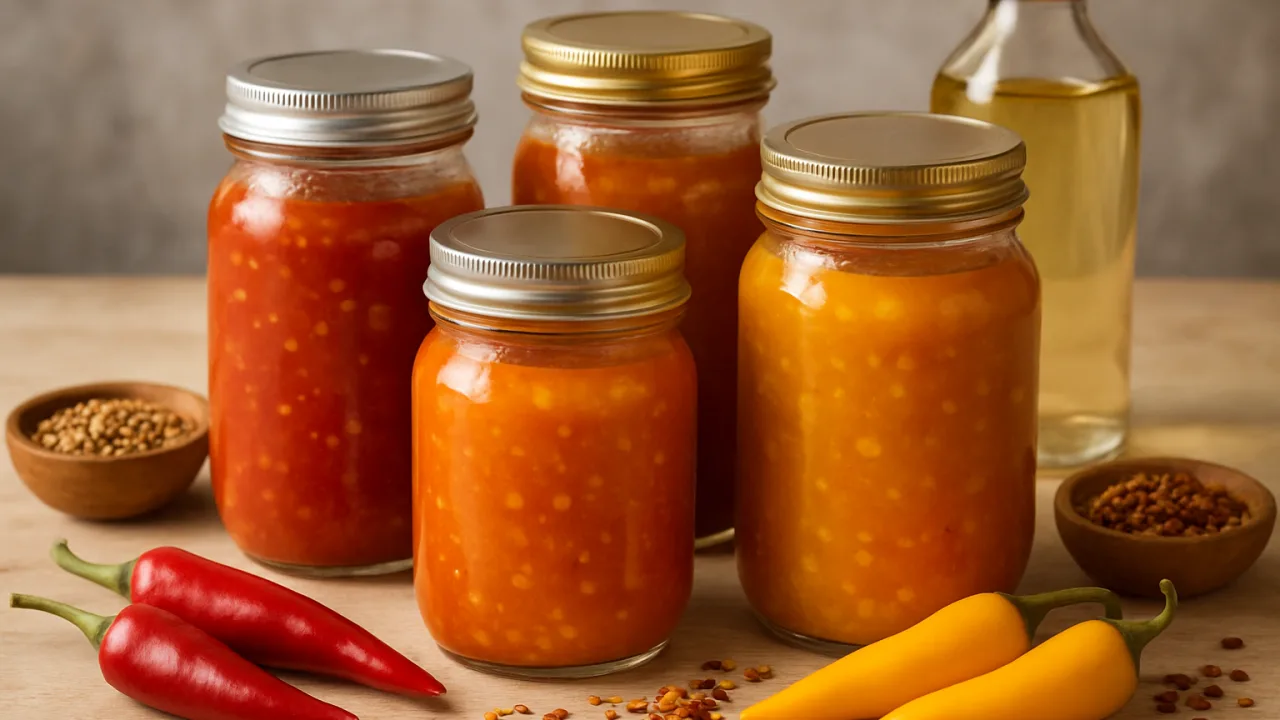 Como fazer o molho de pimenta: potes de vidro com molho caseiro em tons de vermelho e amarelo