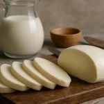Queijo mussarela caseiro em fatias grossas sobre tábua, ideal para "Como fazer o queijo mussarela".