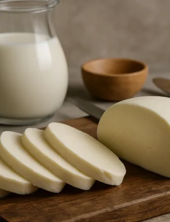 Queijo mussarela caseiro em fatias grossas sobre tábua, ideal para "Como fazer o queijo mussarela".