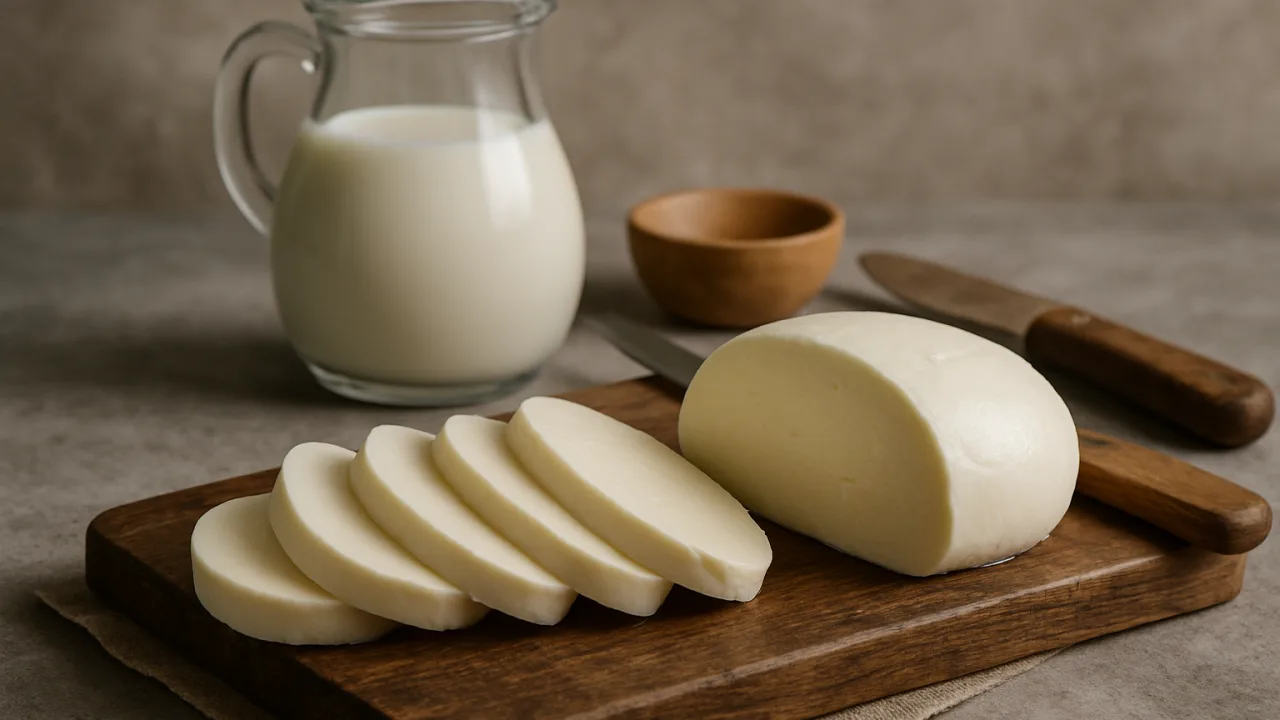 Queijo mussarela caseiro em fatias grossas sobre tábua, ideal para "Como fazer o queijo mussarela".