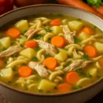 Como fazer sopinha de frango: Tigela de sopa de frango com legumes e macarrão em mesa rústica.