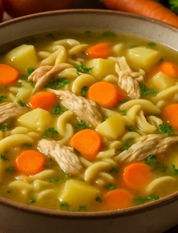 Como fazer sopinha de frango: Tigela de sopa de frango com legumes e macarrão em mesa rústica.