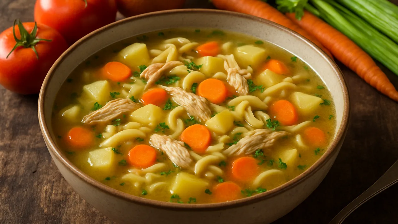 Como fazer sopinha de frango: Tigela de sopa de frango com legumes e macarrão em mesa rústica.