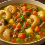Prato de mocotó fumegante com caldo dourado, carne e legumes sobre mesa rústica, como fazer um mocotó.