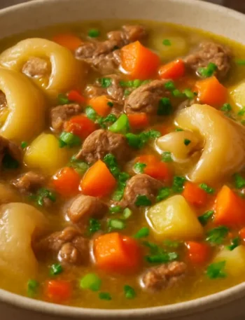 Prato de mocotó fumegante com caldo dourado, carne e legumes sobre mesa rústica, como fazer um mocotó.