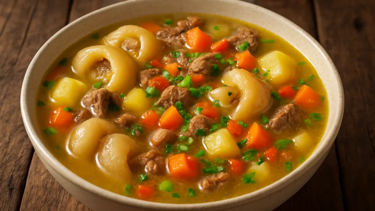Prato de mocotó fumegante com caldo dourado, carne e legumes sobre mesa rústica, como fazer um mocotó.