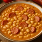 Prato fundo com sopa de feijão cremosa, feijão branco e linguiça, sopa de feijão como fazer.