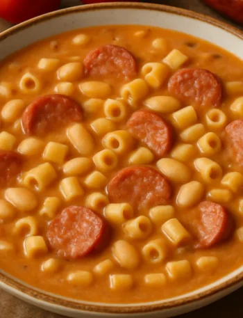 Prato fundo com sopa de feijão cremosa, feijão branco e linguiça, sopa de feijão como fazer.