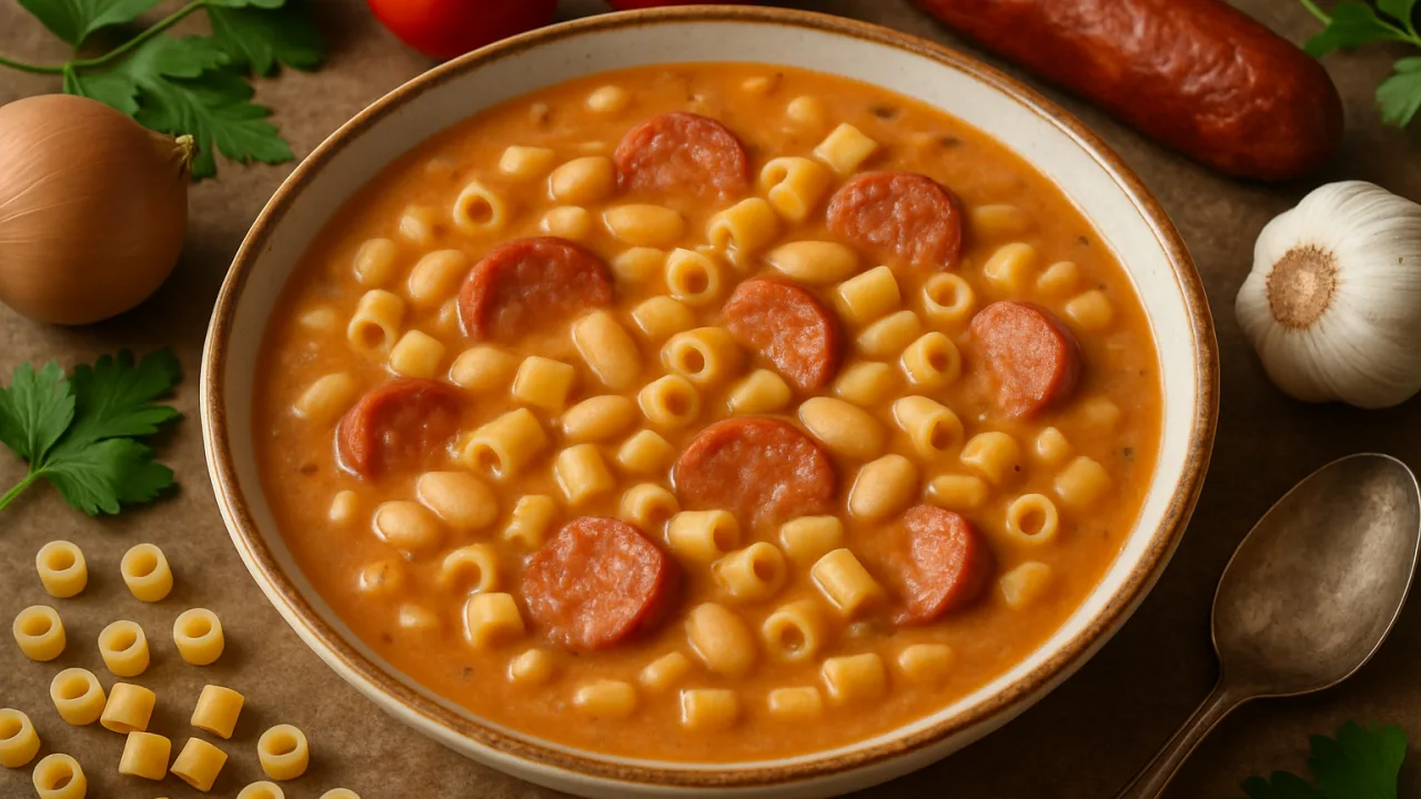 Prato fundo com sopa de feijão cremosa, feijão branco e linguiça, sopa de feijão como fazer.