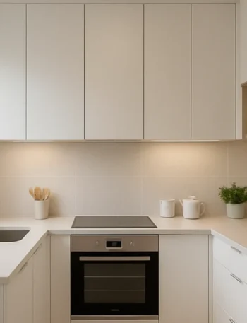 Cozinha pequena moderna com dicas de organização, armários planejados e iluminação eficiente.