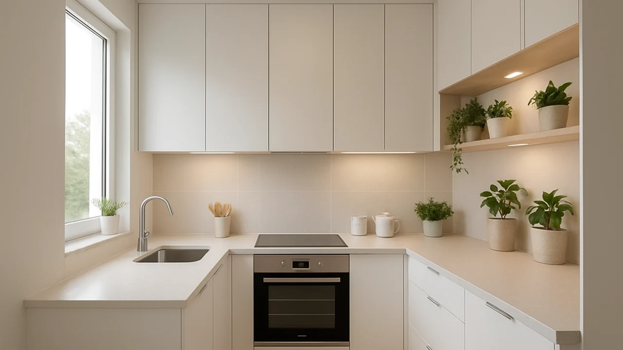 Cozinha pequena moderna com dicas de organização, armários planejados e iluminação eficiente.