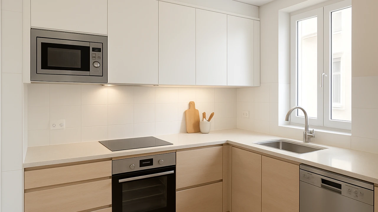 Cozinha planejada pequena e moderna com ilha compacta, dicas de cozinha planejada em destaque.