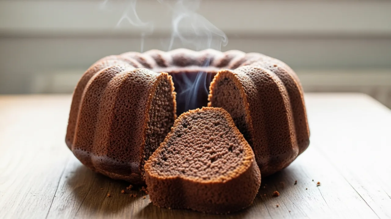 Close-up de uma fatia de bolo de chocolate simples e fácil, com a massa visivelmente fofinha e úmida, ao lado do bolo inteiro em uma mesa rústica.