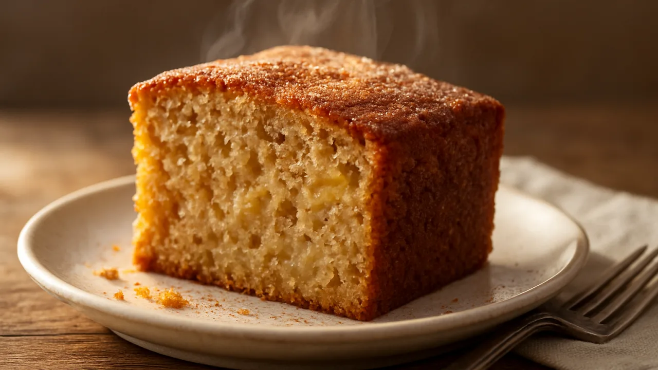 Fatia de bolo de banana rápido de liquidificador úmida e dourada com pedaços de banana visíveis e polvilho de canela e açúcar, servida em prato de cerâmica sobre mesa rústica, iluminada por luz natural de fundo — Bolo de banana rápido de liquidificador úmido e cheirosinho.