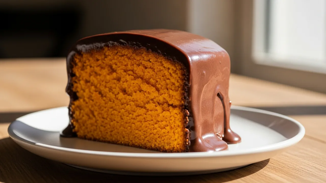 Fatia de bolo de cenoura fácil e fofinho com massa laranja vibrante e cobertura de chocolate brilhante escorrendo pela lateral em um prato branco.