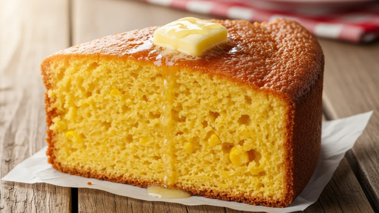Close-up de uma fatia de bolo de milho de lata fofinho, com a casca dourada e miolo úmido, servida em um prato com manteiga derretendo por cima.