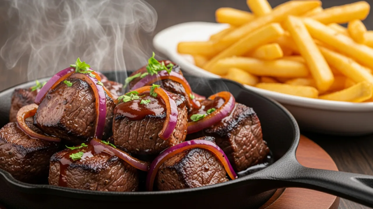 Porção generosa da entrada filé com fritas coco bambu, com cubos de carne suculenta cobertos por um molho barbecue brilhante e cebola roxa, servida ao lado de batatas fritas douradas e crocantes em uma mesa de madeira.