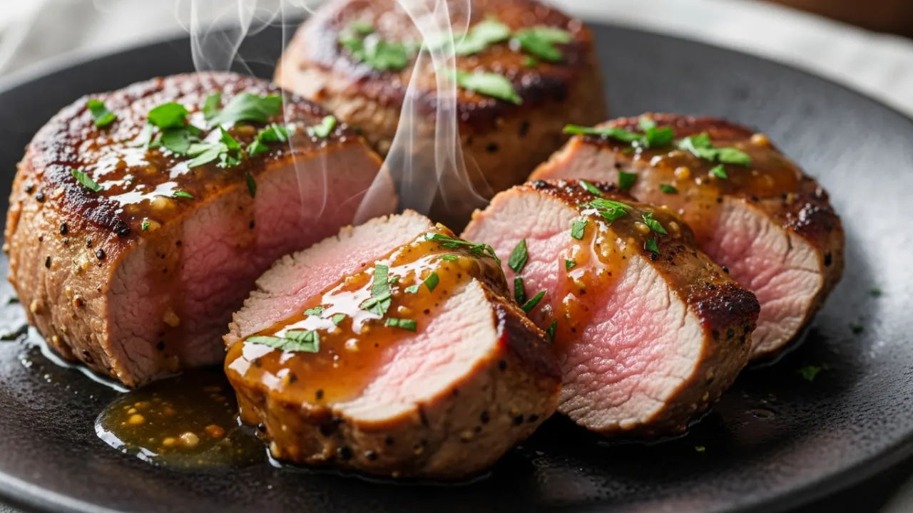 Close-up de medalhões de filé mignon suíno suculento com crosta dourada, regados com um molho brilhante feito na frigideira e finalizados com salsinha fresca.