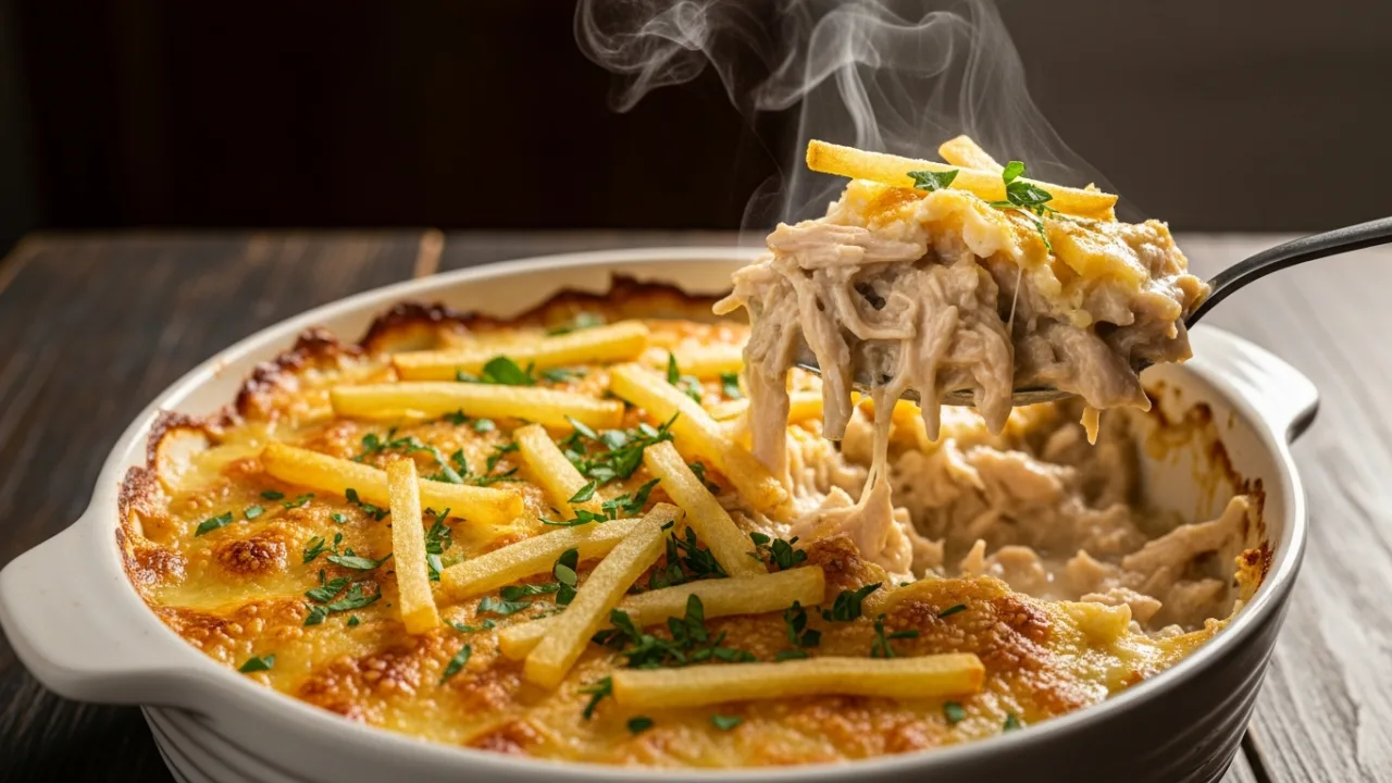 Close-up de um fricassê de frango cremoso em um refratário branco, com a superfície coberta por queijo dourado e gratinado e batata palha crocante. Uma colher retira uma porção, mostrando a cremosidade do recheio.