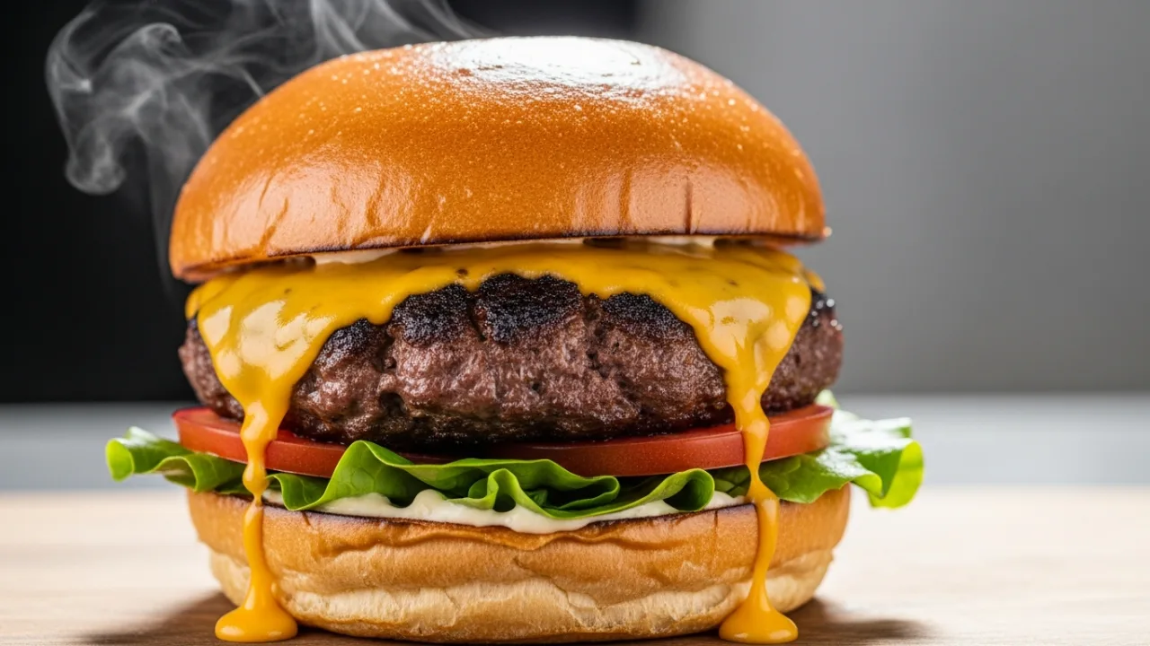 Close-up de um hambúrguer artesanal suculento e alto, com queijo cheddar derretido escorrendo pela carne grossa e dourada, servido em um pão de brioche tostado com alface e tomate frescos.