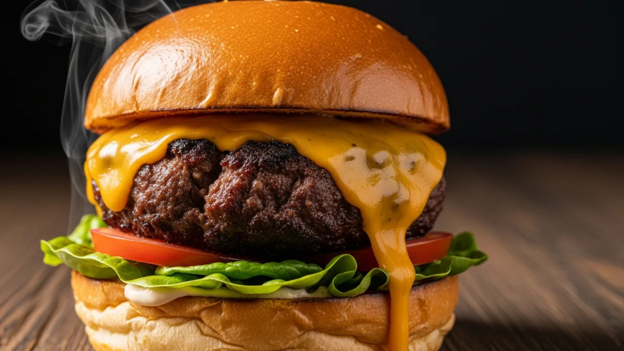 Close-up de um hambúrguer artesanal suculento e alto, com queijo cheddar derretido escorrendo pela carne com crosta dourada, montado em um pão de brioche tostado.