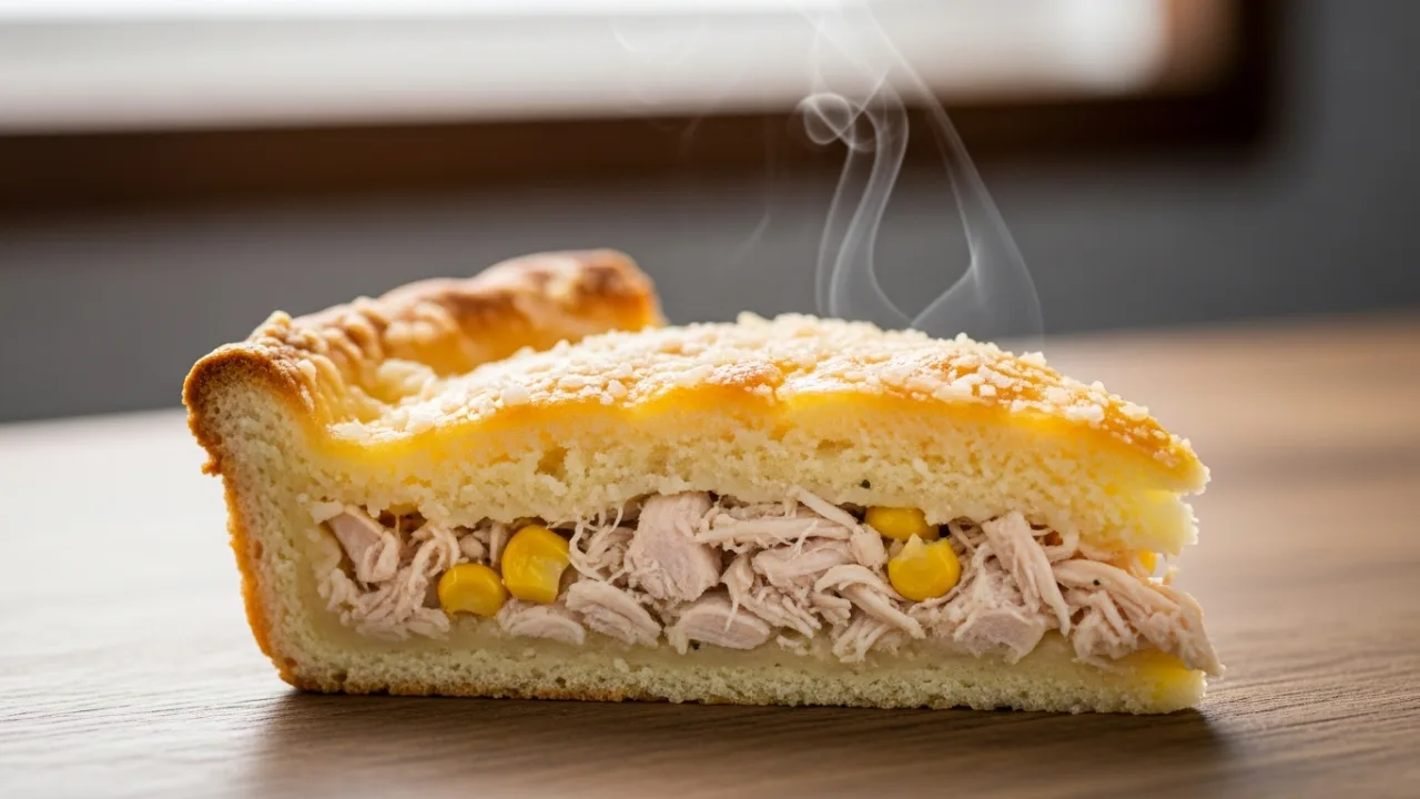 Close-up de uma fatia generosa de torta salgada feita com massa de liquidificador fofinha, exibindo uma casquinha dourada e um interior macio e aerado em um prato.