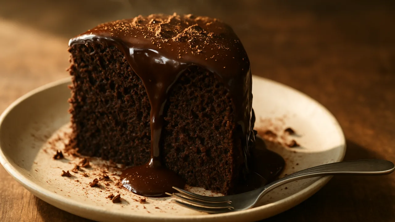 Close-up de uma fatia do melhor bolo de chocolate com cobertura brilhante de cacau e miolo úmido, realçado pelo truque do café, servida em prato branco sobre mesa rústica com luz natural de fundo - Melhor receita de bolo de chocolate: o truque do café que muda tudo