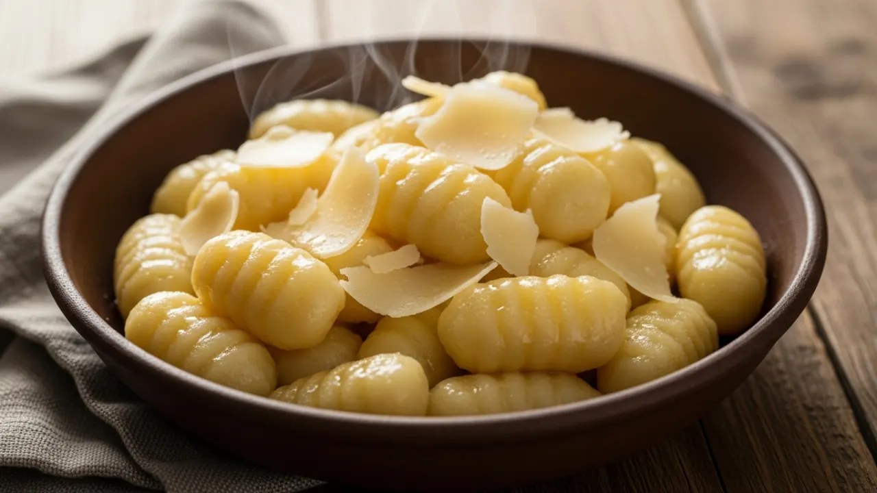 Close-up de um prato fundo com nhoque de mandioca macio e quentinho, regado com manteiga derretida e coberto por queijo parmesão ralado.
