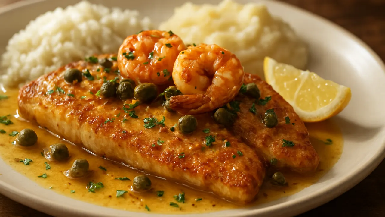 Close-up de filés de pescada amarela dourados com molho amanteigado de limão, alcaparras e camarões salteados, finalizados com raspas de limão e salsinha, servidos com arroz branco e purê ao fundo — Pescada amarela à Belle Meunière estilo coco bambu.