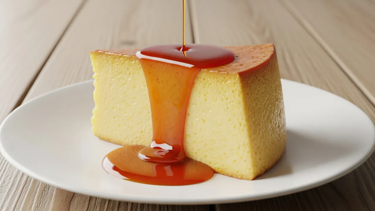 Close-up de uma fatia perfeita e lisa de pudim de leite condensado fácil, com uma calda de caramelo brilhante e dourada escorrendo sobre ela em um prato branco.