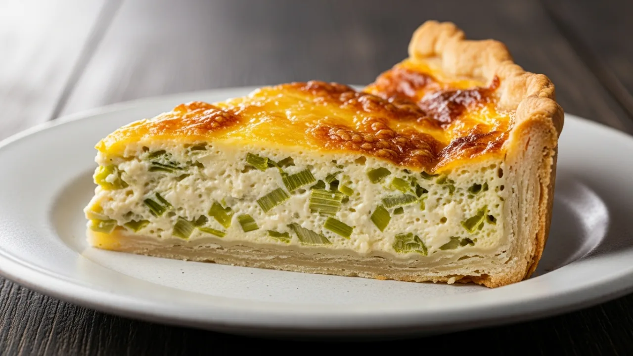 Close-up de uma fatia de quiche de alho-poró cremosa em um prato branco. A massa está dourada e crocante, e o recheio cremoso mostra os pedaços de alho-poró e o queijo gratinado por cima.