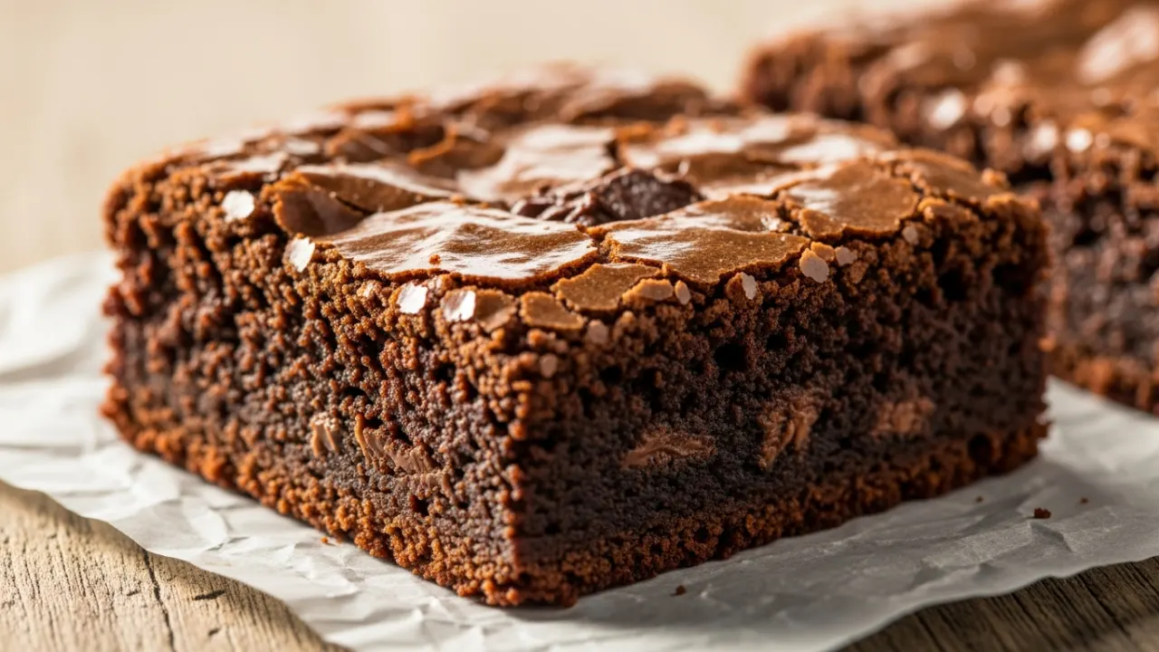 Close-up de um quadrado de brownie simples com casquinha brilhante e crocante, mostrando o interior denso e úmido de chocolate intenso.