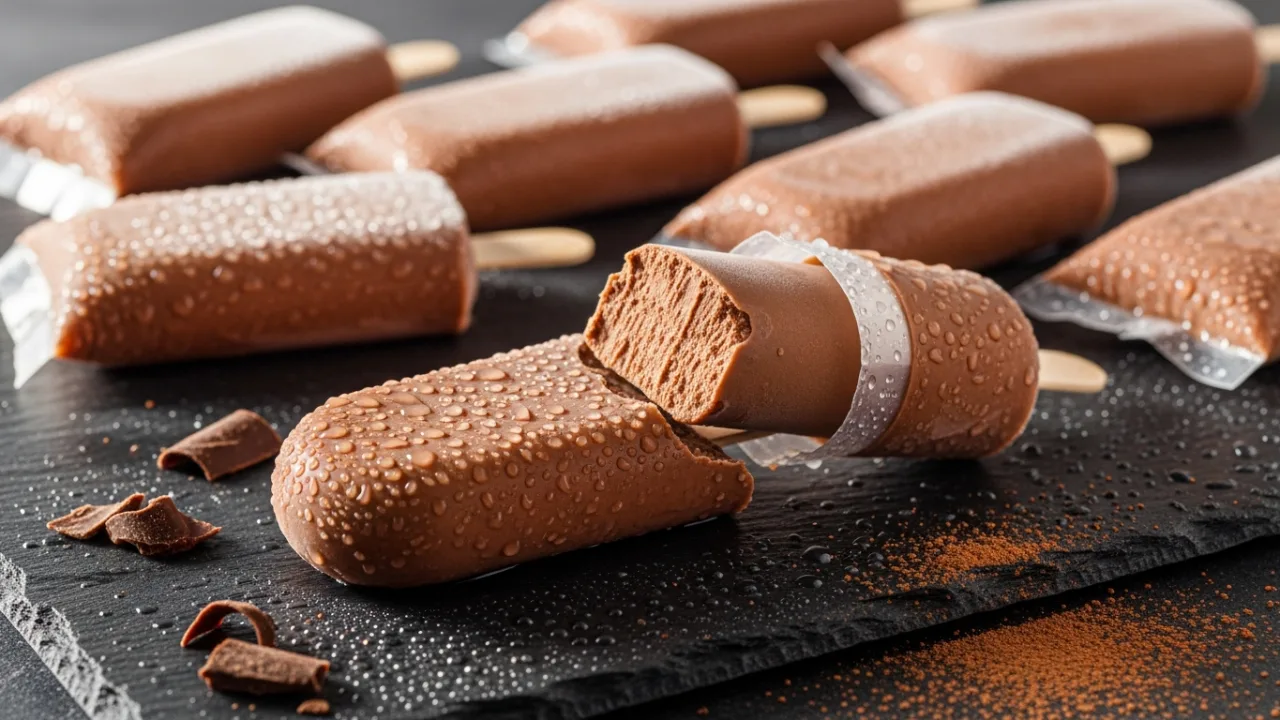Vários saquinhos de geladinho gourmet de chocolate cremoso deitados sobre uma superfície escura, um deles aberto para mostrar a textura aveludada.
