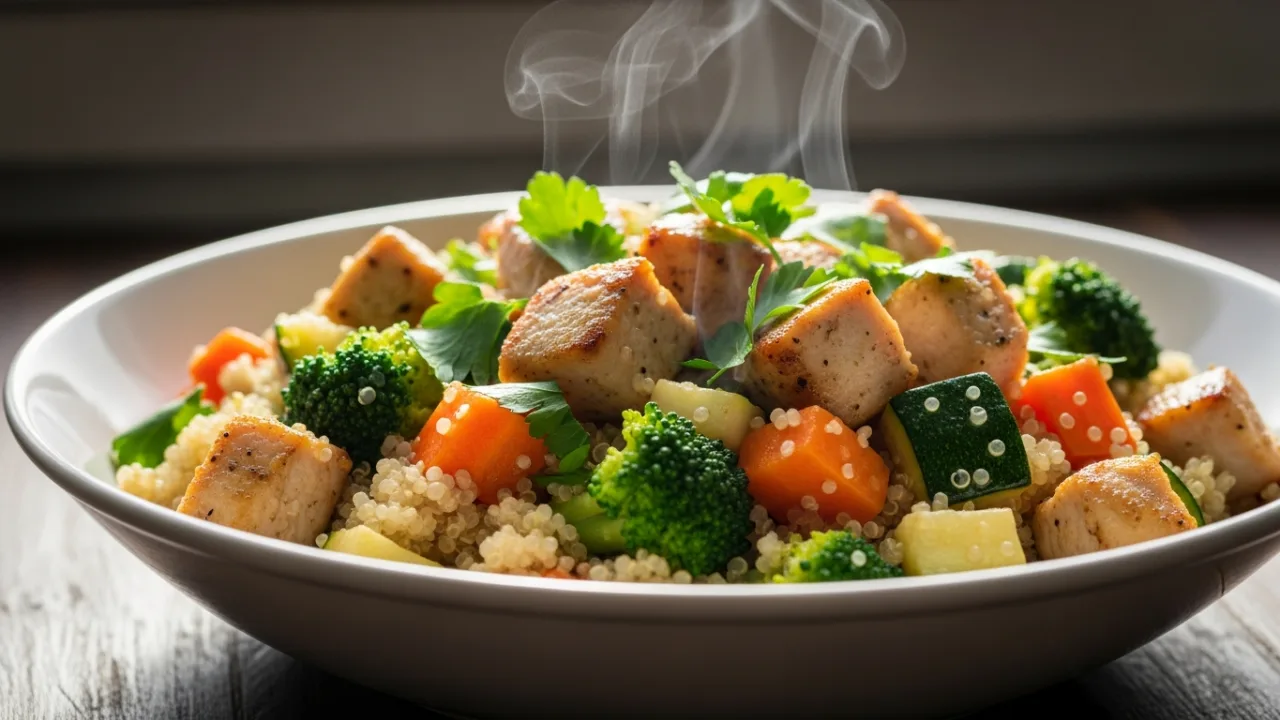 Tigela de cerâmica rústica com uma receita de jantar saudável de frango e quinoa, mostrando os cubos de frango dourados, quinoa soltinha e legumes coloridos como cenoura, abobrinha e brócolis, finalizada com salsinha fresca.
