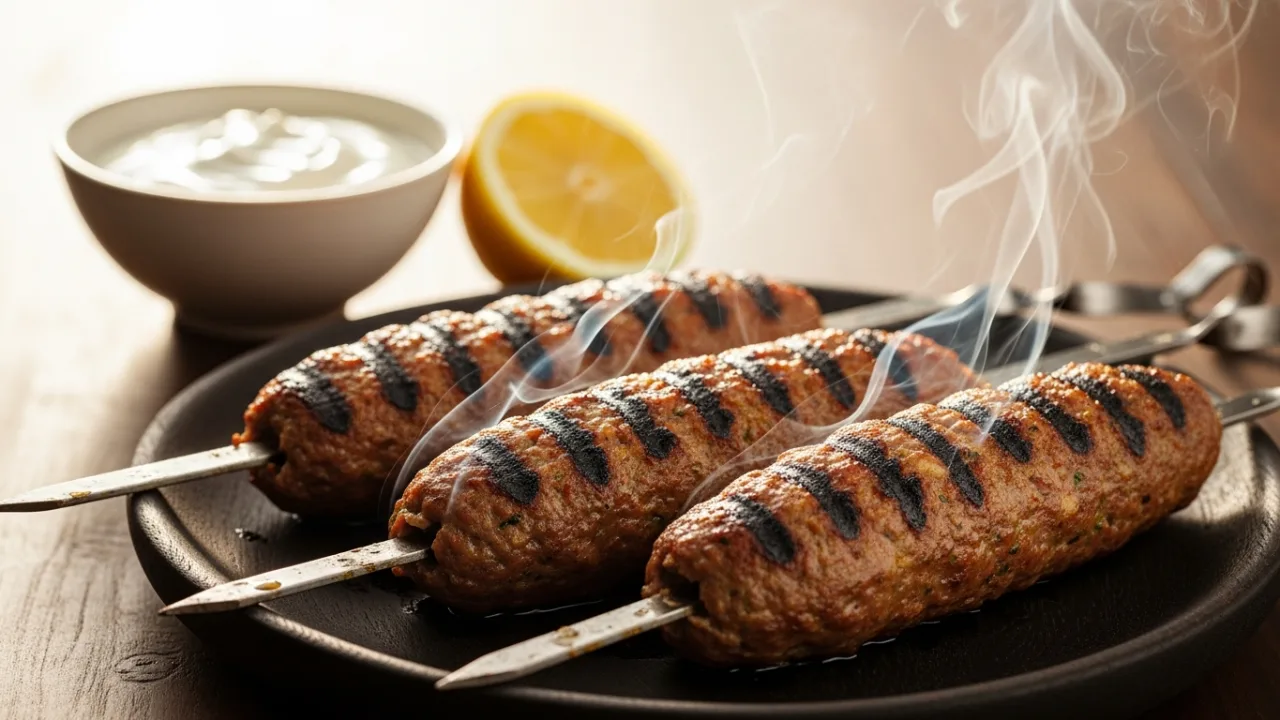 Close-up de espetos de kafta suculentos recém-saídos da grelha, com marcas de churrasqueira douradas e uma textura visivelmente macia, para ilustrar a receita de kafta no espeto.