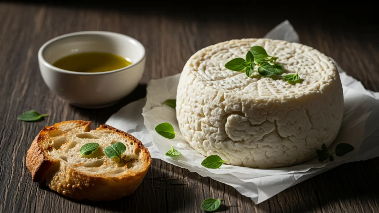 Close-up de um queijo caseiro com limão, de formato redondo e textura cremosa, servido sobre uma mesa de madeira rústica com pão e azeite ao lado.