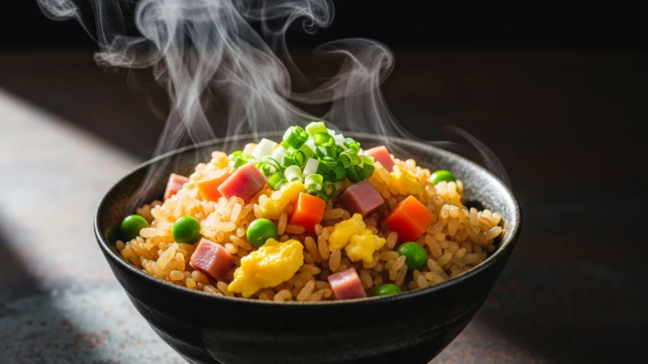 Close-up de um prato de yakimeshi fácil, com arroz dourado e soltinho, pedaços de presunto, cenoura, ervilha, ovo mexido e cebolinha fresca por cima.