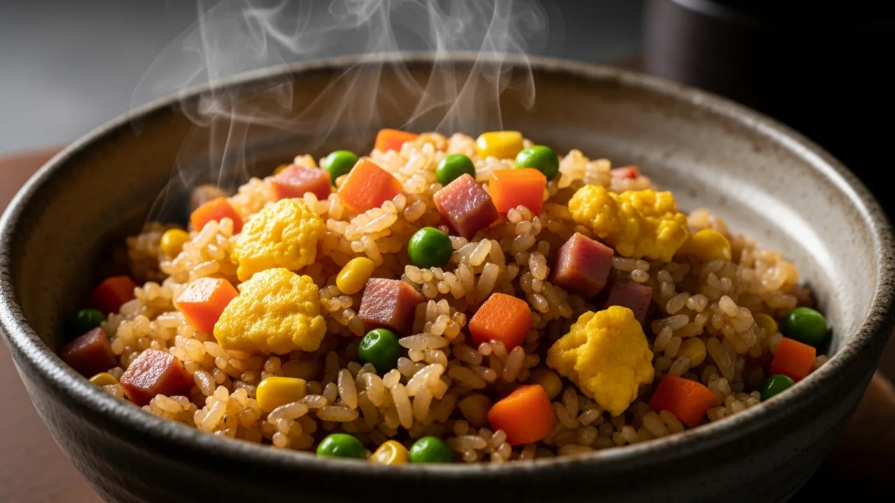Close-up de um prato de yakimeshi japonês soltinho e dourado, servido em uma tigela de cerâmica escura, com arroz, ovo, presunto, cenoura e ervilha visíveis.