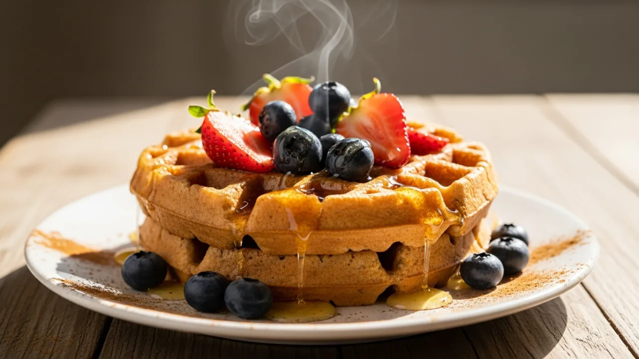 Pilha de waffles saudáveis douradinhos, com mirtilos frescos, morangos fatiados e um fio de mel escorrendo, servidos em um prato sobre uma mesa de madeira.
