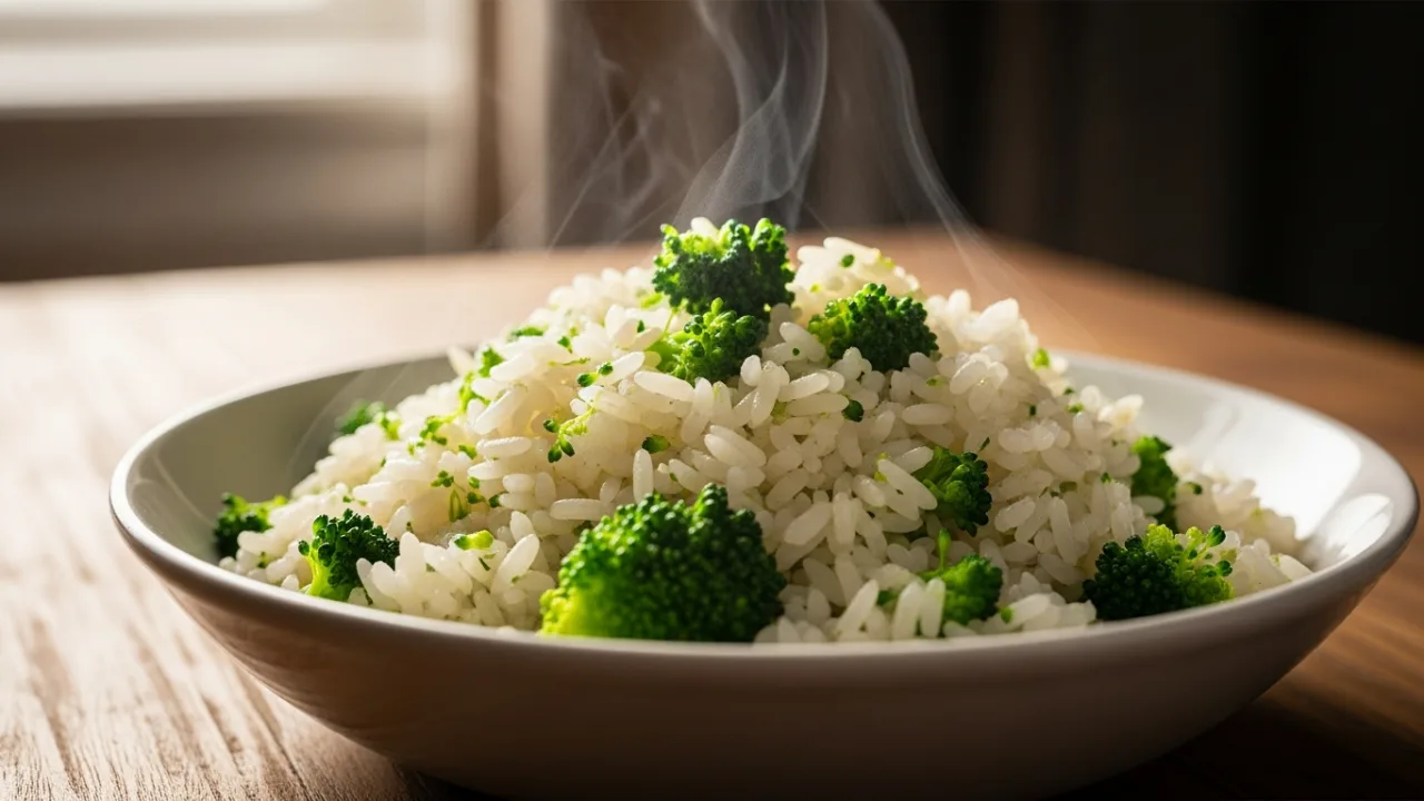 Tigela de cerâmica servida com arroz com brócolis soltinho e bem verdinho, destacando os grãos de arroz separados e a cor vibrante do brócolis picado.