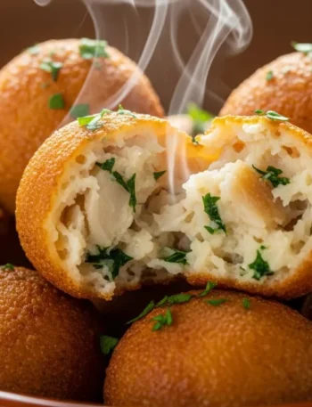 Close-up de vários bolinhos de bacalhau crocantes e dourados empilhados em uma travessa. Um dos bolinhos está partido ao meio, mostrando o recheio macio e com lascas de bacalhau.