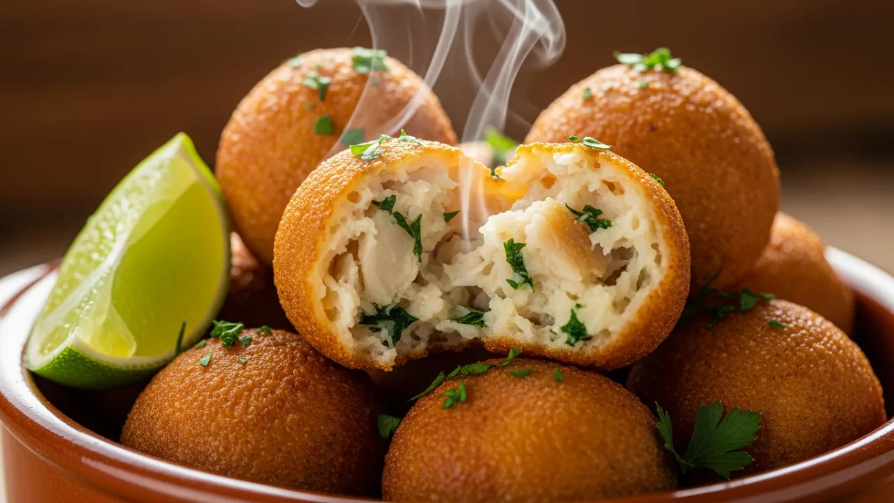 Close-up de vários bolinhos de bacalhau crocantes e dourados empilhados em uma travessa. Um dos bolinhos está partido ao meio, mostrando o recheio macio e com lascas de bacalhau.