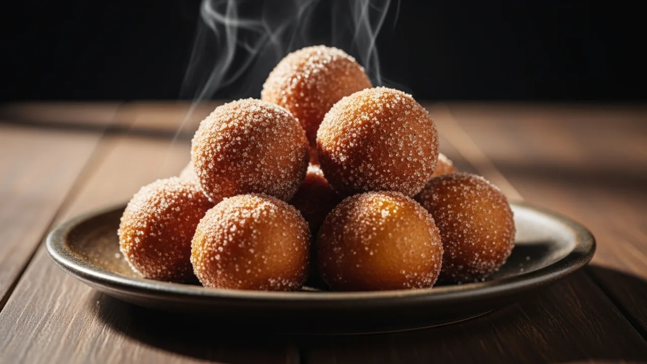 Close-up de uma porção de bolinho de chuva simples e sequinho, dourados e empilhados em um prato rústico, cobertos com açúcar e canela.
